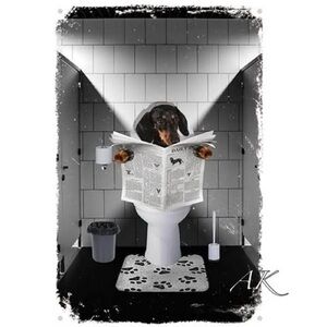 Dachshund On Toilet Reading Newspaper Tin Sign 🐾 Doxie Wiener